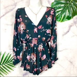 FAITHFUL The BRAND Black & Pink Long Sleeve Floral Romper XS
